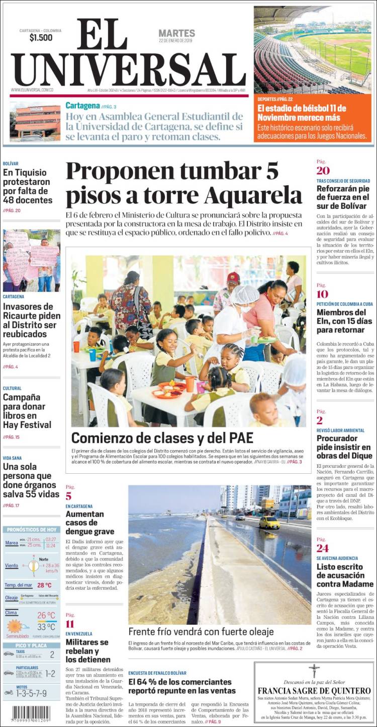 Portada de El Universal (Colombia)