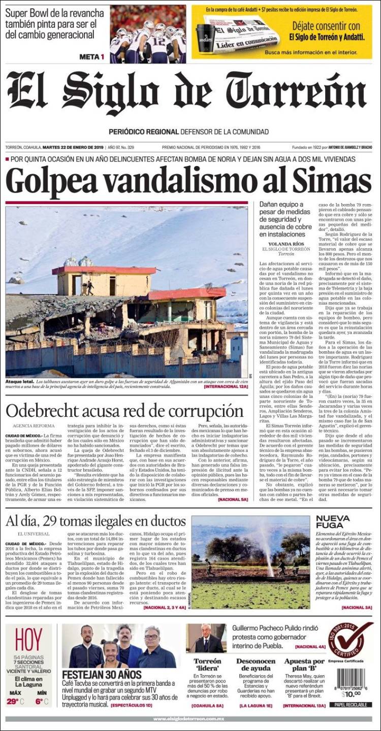 Portada de El Siglo de Torreon (México)