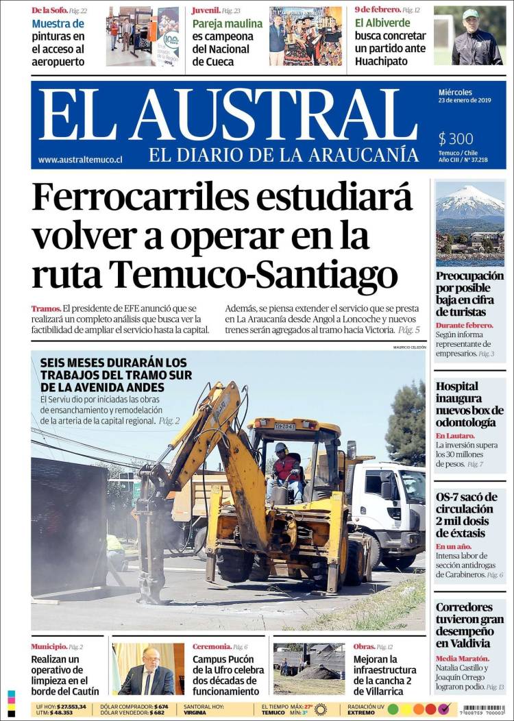 Portada de El Austral de Temuco (Chile)