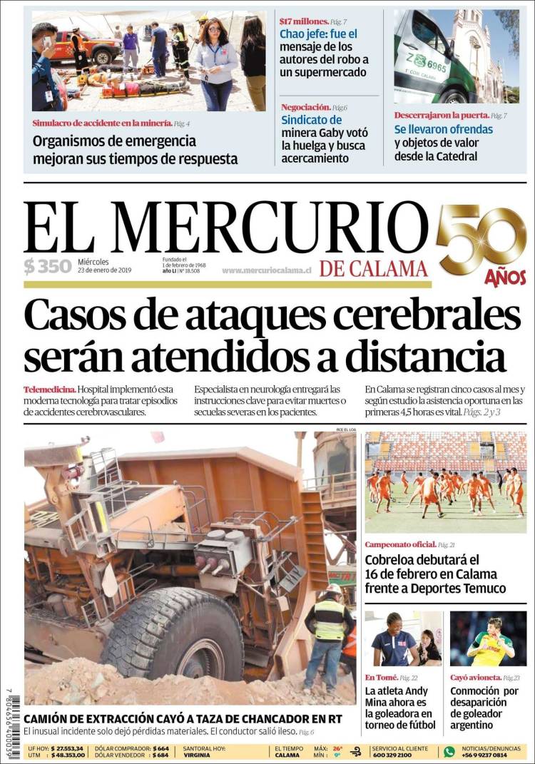 Portada de El Mercurio - Calama (Chile)