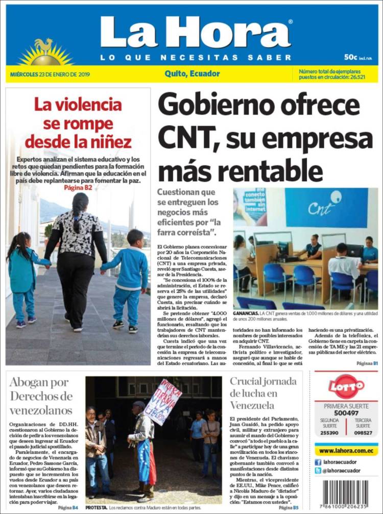 Portada de La Hora - Ecuador (Ecuador)