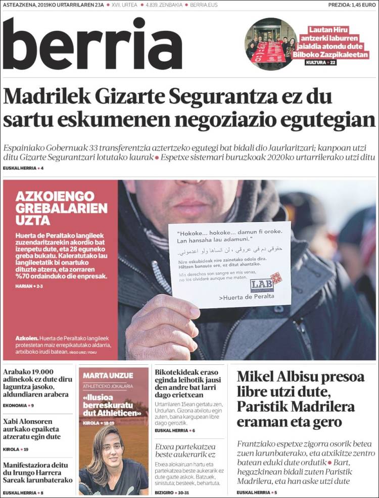 Portada de Berria (Espa&ntilde;a)