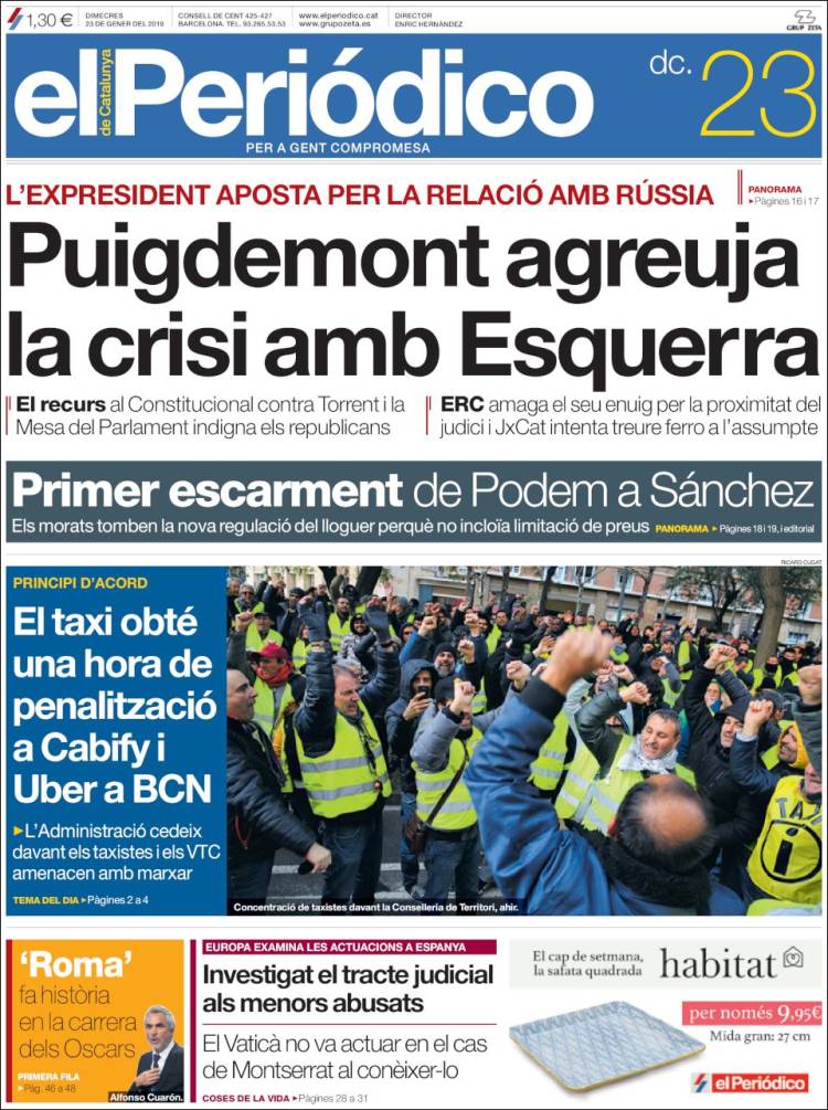 Portada de El Periódico de Catalunya (España)