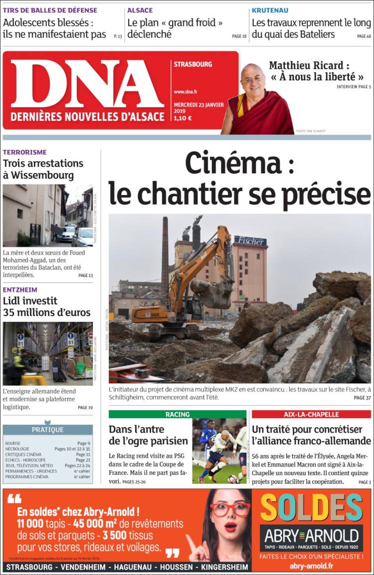 Portada de Les Dernières Nouvelles d'Alsace (Francia)