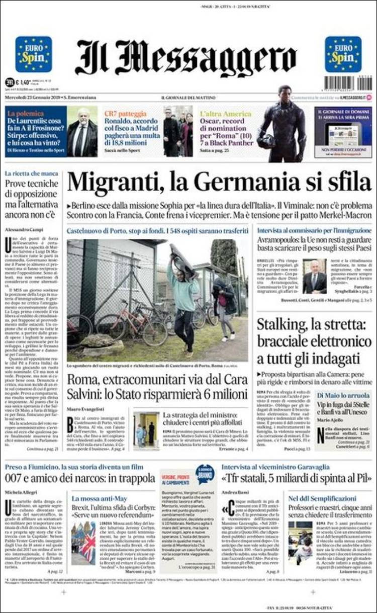 Portada de Il Messaggero (Italia)