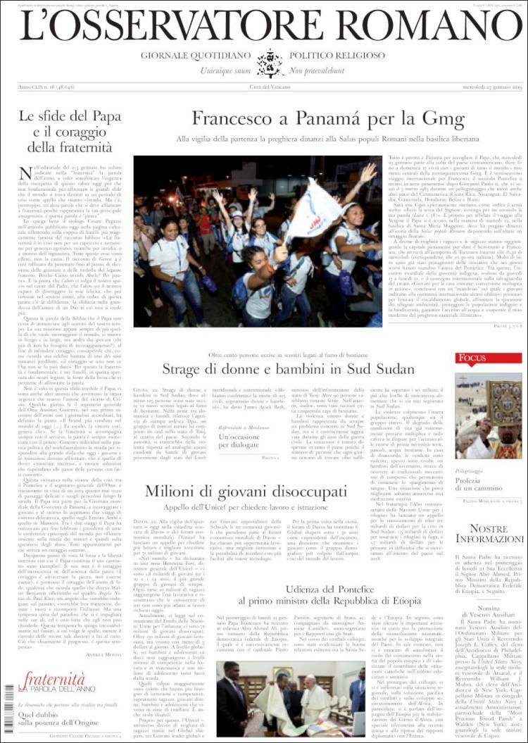 Portada de L'Osservatore Romano (Italia)