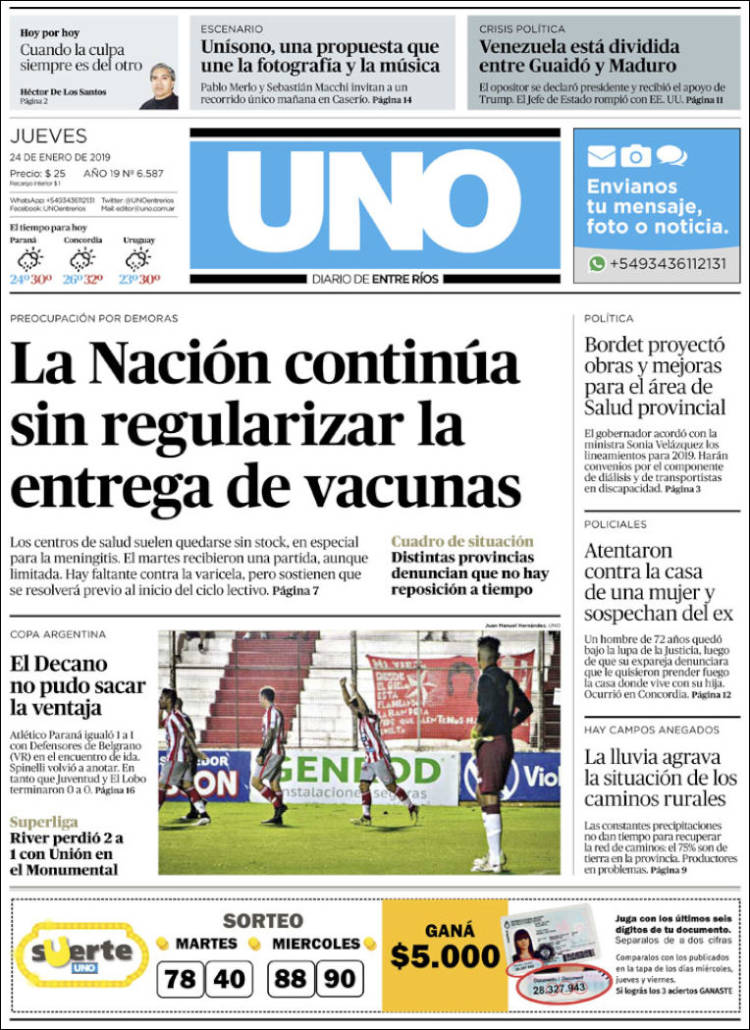 Portada de Diario Uno de Entre Ríos (Argentina)