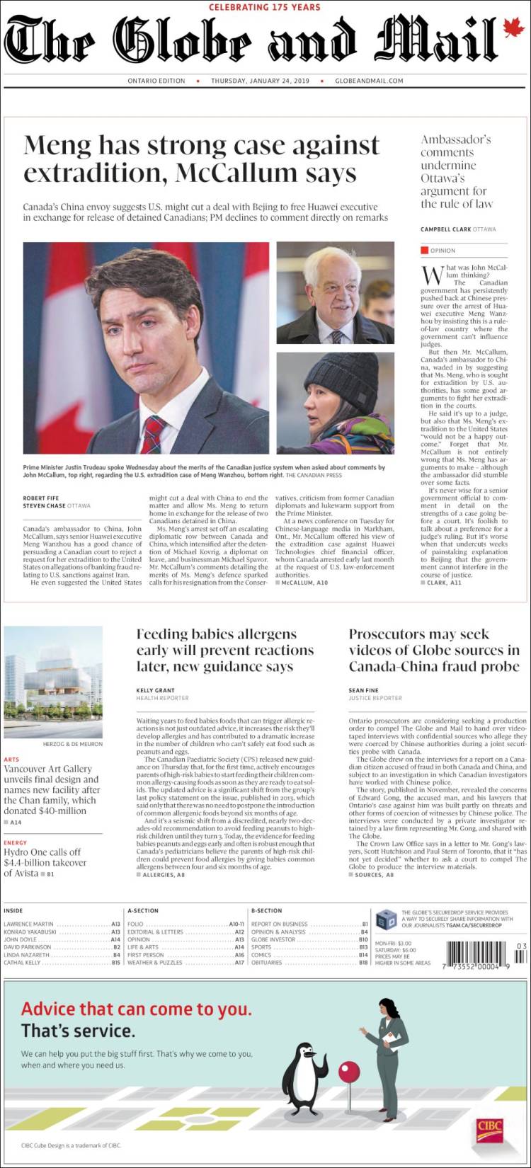 Portada de The Globe and Mail (Canada)