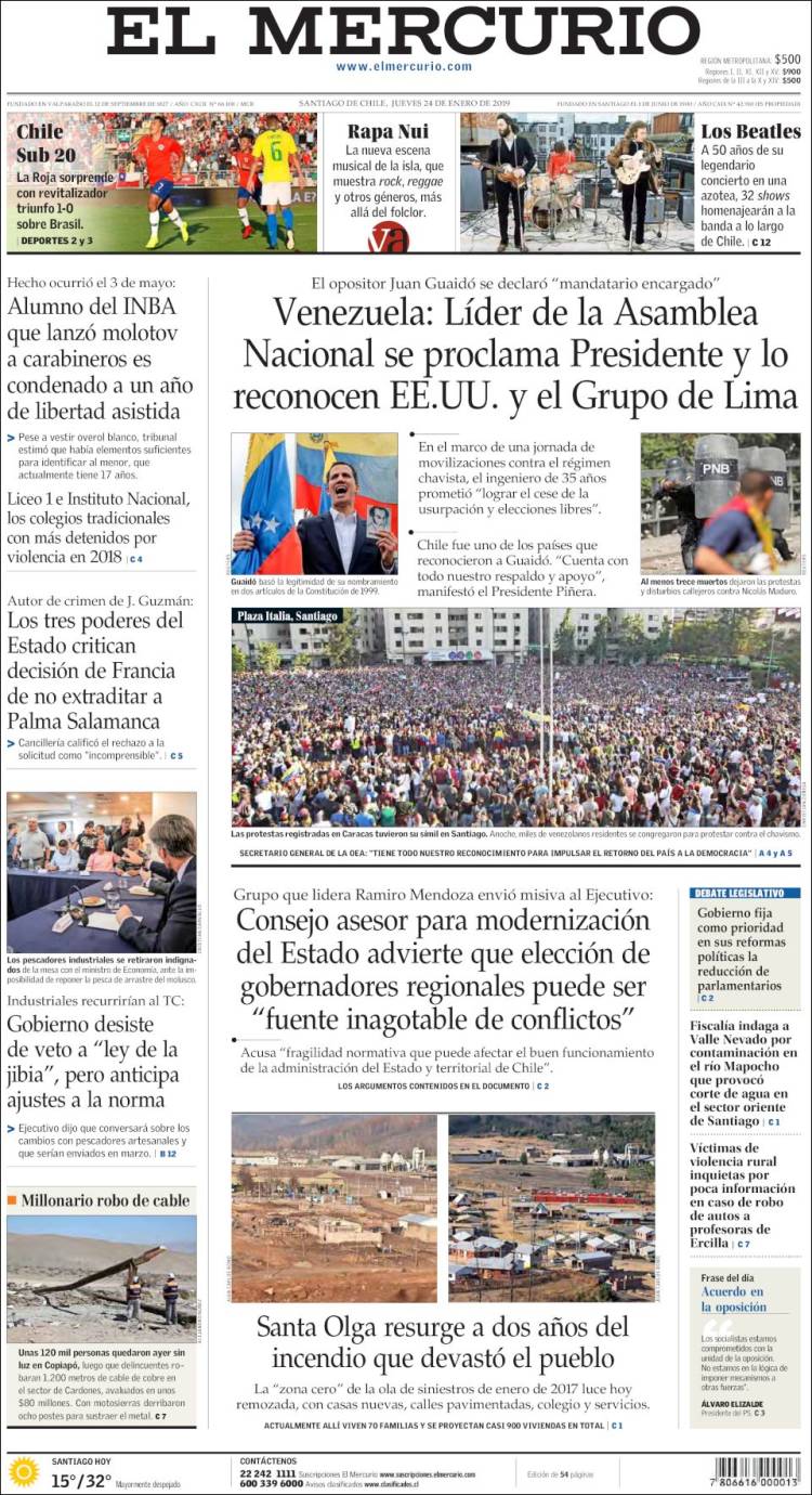 Newspaper El Mercurio (Chile). Newspapers in Chile. Thursday's edition ...