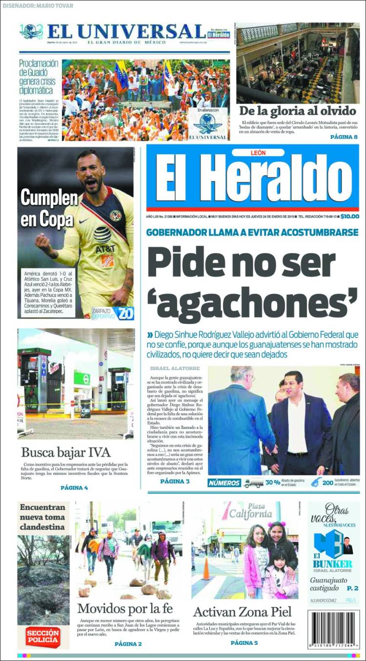 Newspaper El Heraldo de León (Mexico). Newspapers in Mexico. Thursday's  edition, January 24 of 2019. 