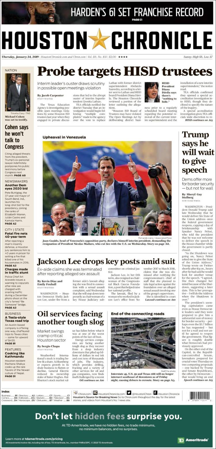 Portada de Houston Chronicle (USA)