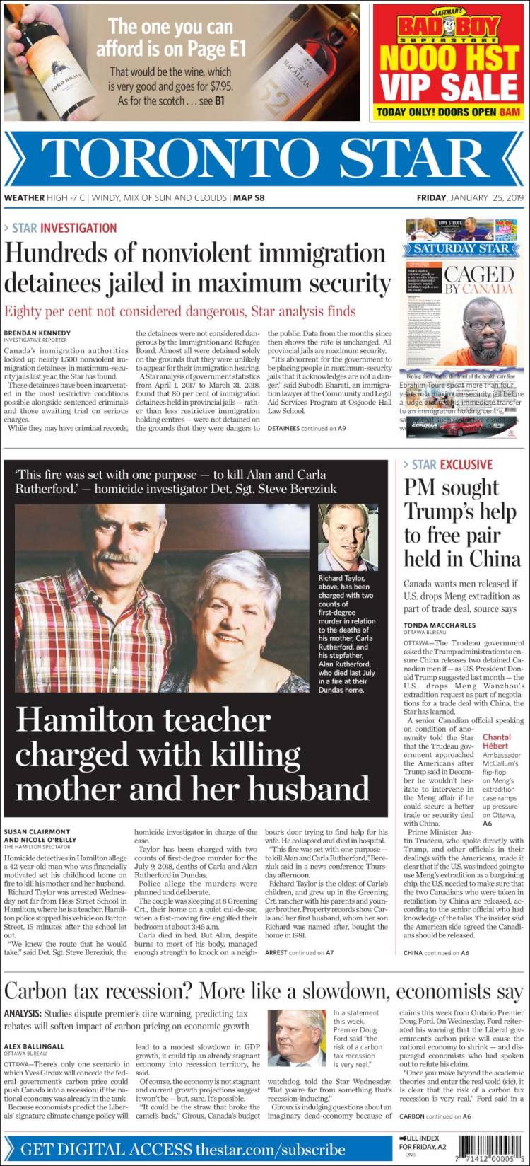 Portada de The Toronto Star (Canadá)