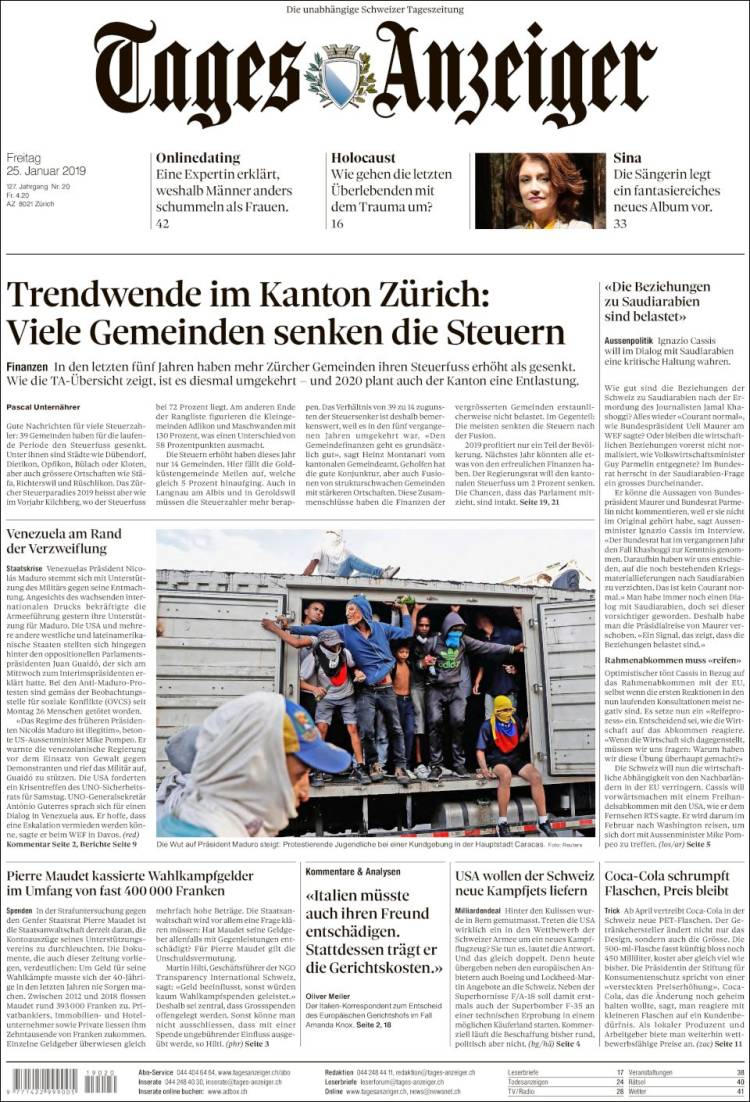 Portada de Tages-Anzeiger (Suiza)