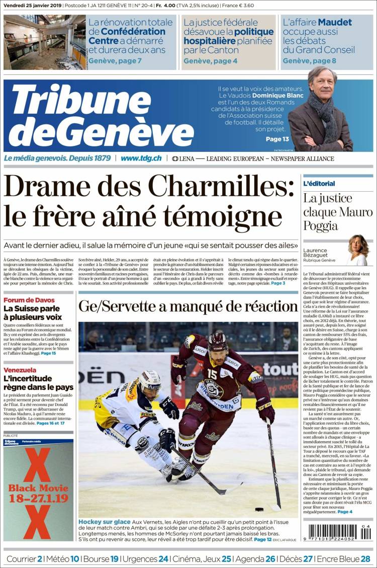Portada de La Tribune de Genève (Suiza)