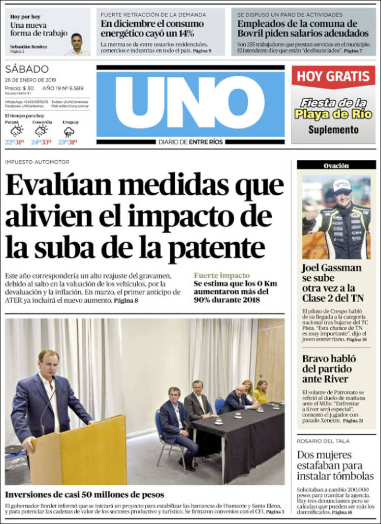 Portada de Diario Uno de Entre Ríos (Argentina)
