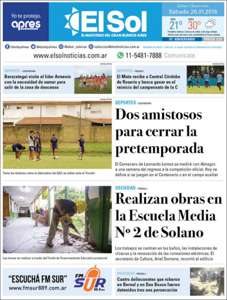 Portada de Diario El Sol (Argentina)