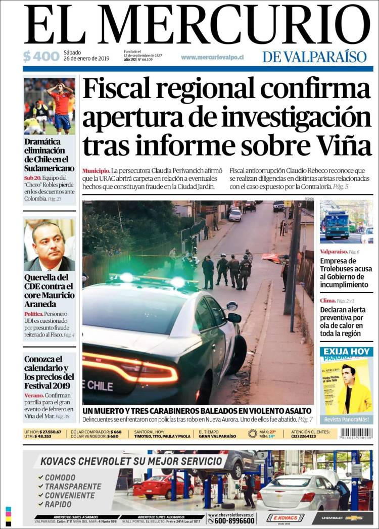 Portada de Mercurio de Valparaiso (Chile)