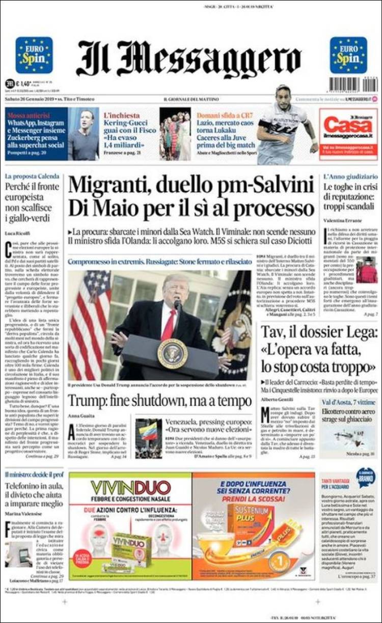 Portada de Il Messaggero (Italia)