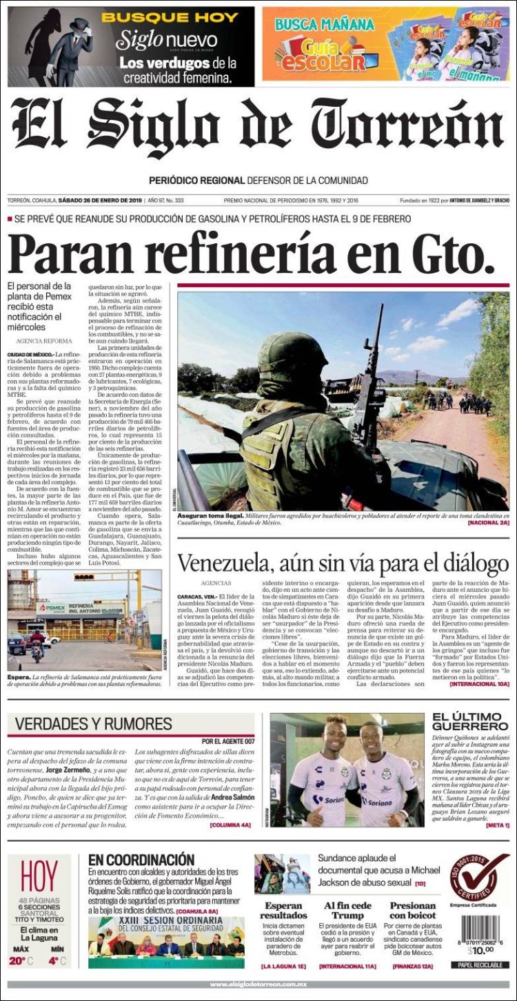 Portada de El Siglo de Torreon (México)