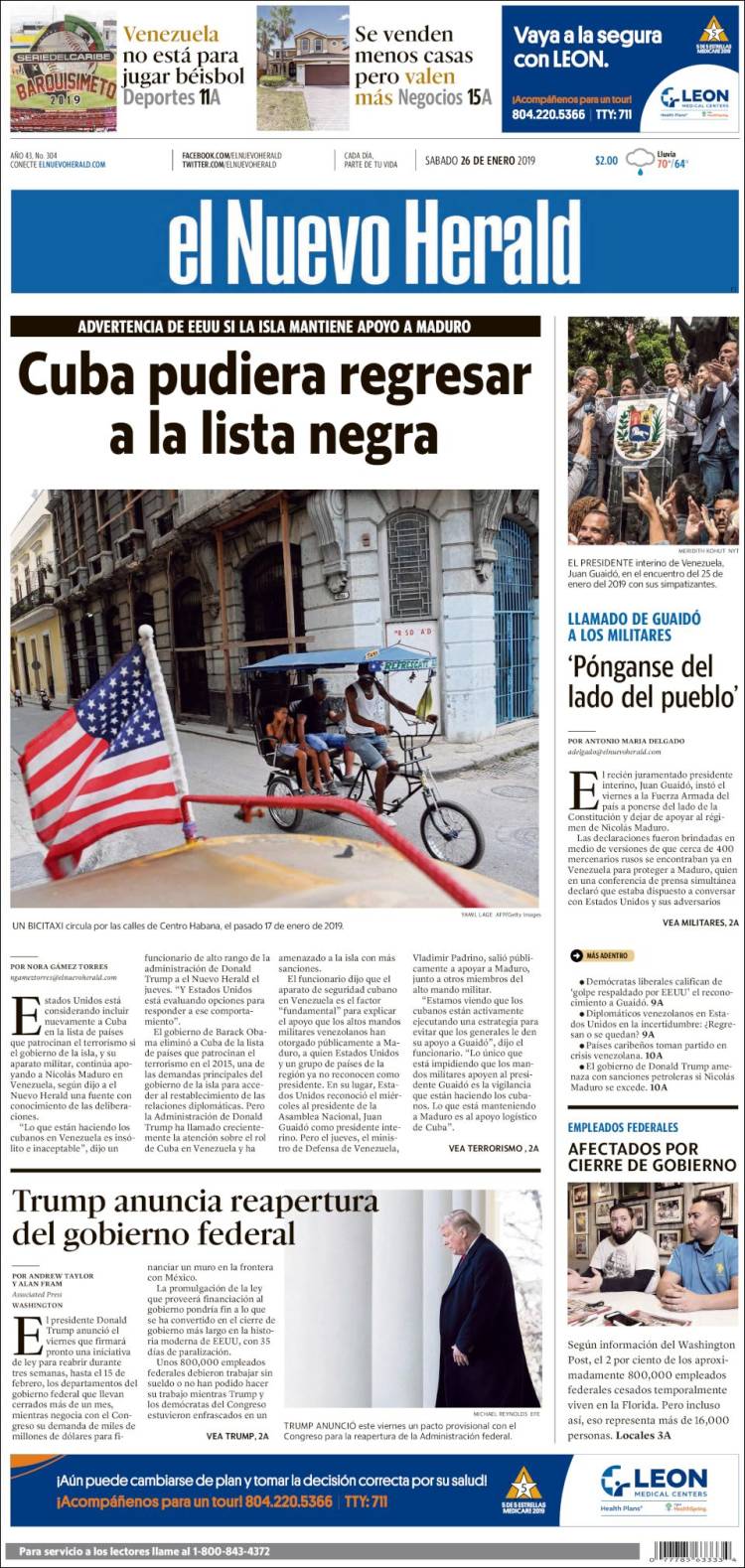 Portada de El Nuevo Herald (USA)