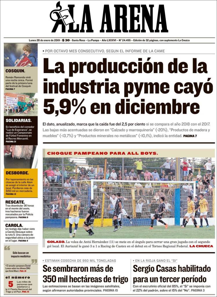 Portada de Diario La Arena (Argentina)