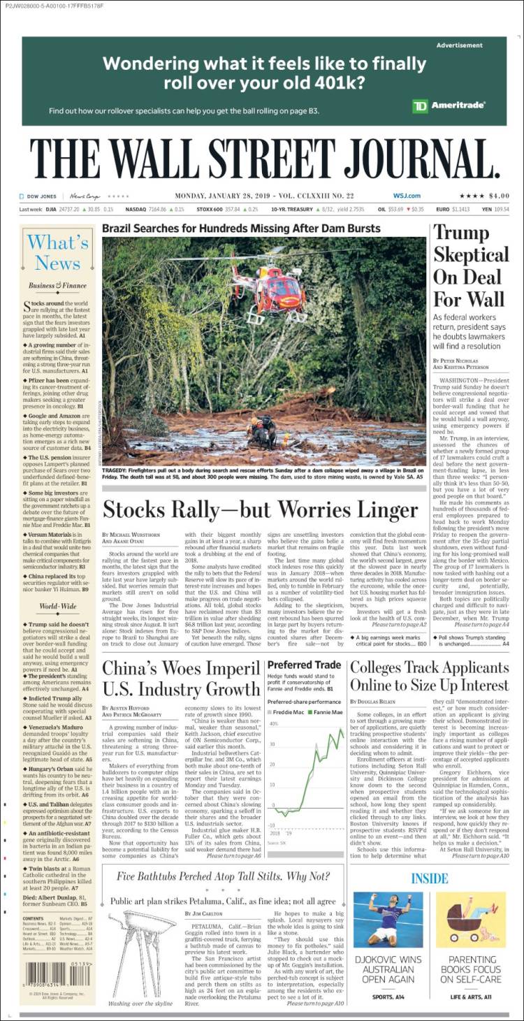 Portada de Wall Street Journal (USA)