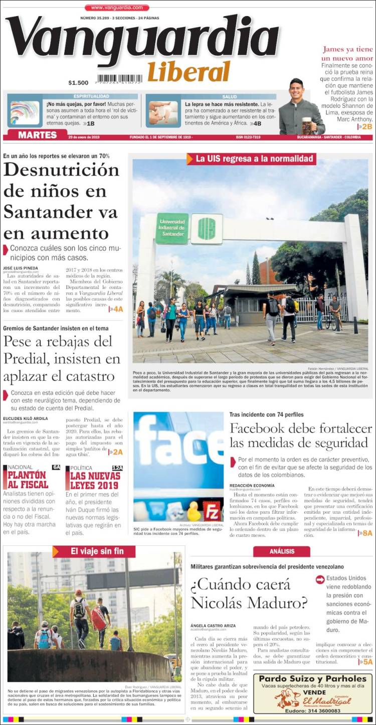 Portada de Vanguardia Liberal (Colombia)