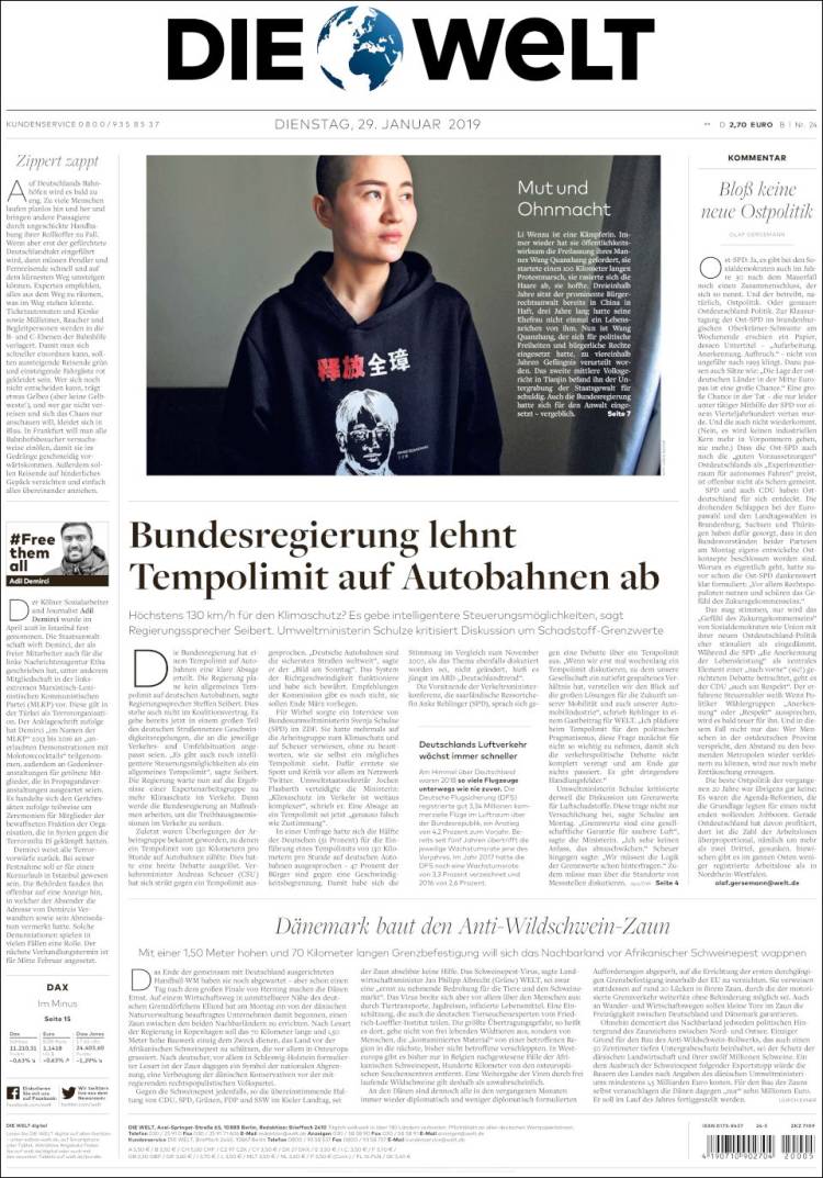 Portada de Die Welt (Alemania)