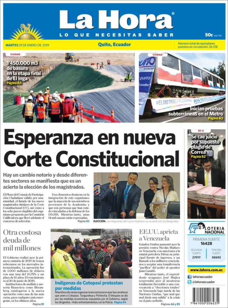 Portada de La Hora - Ecuador (Ecuador)