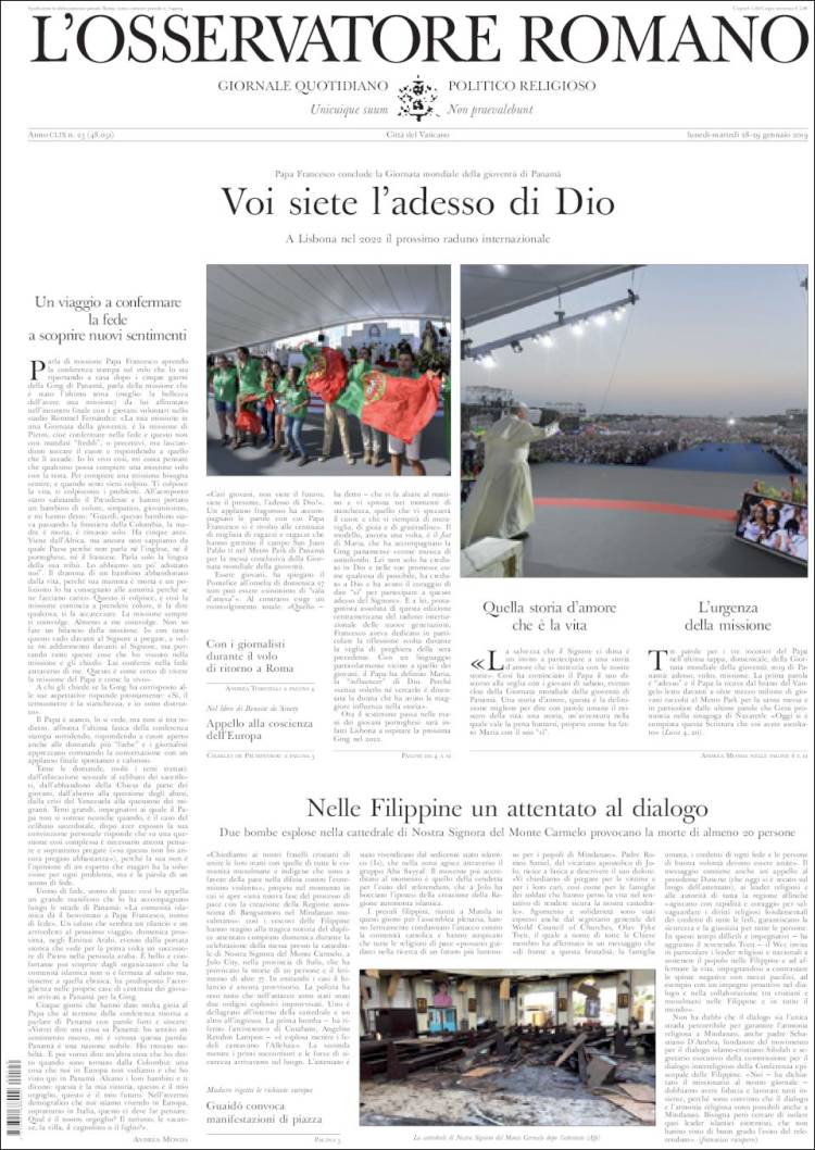 Portada de L'Osservatore Romano (Italia)