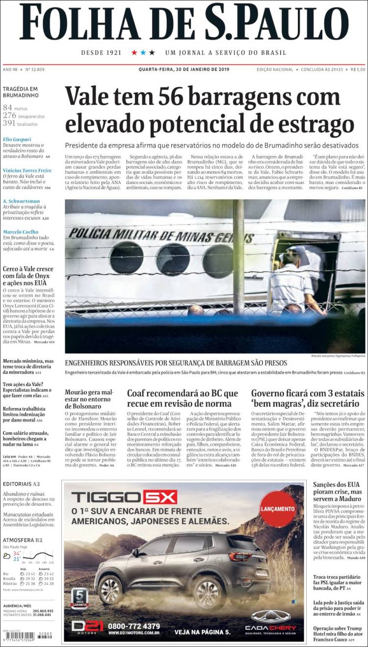 Portada de Folha de São Paulo (Brasil)