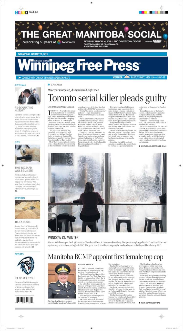 Portada de Winnipeg Free Press (Canada)