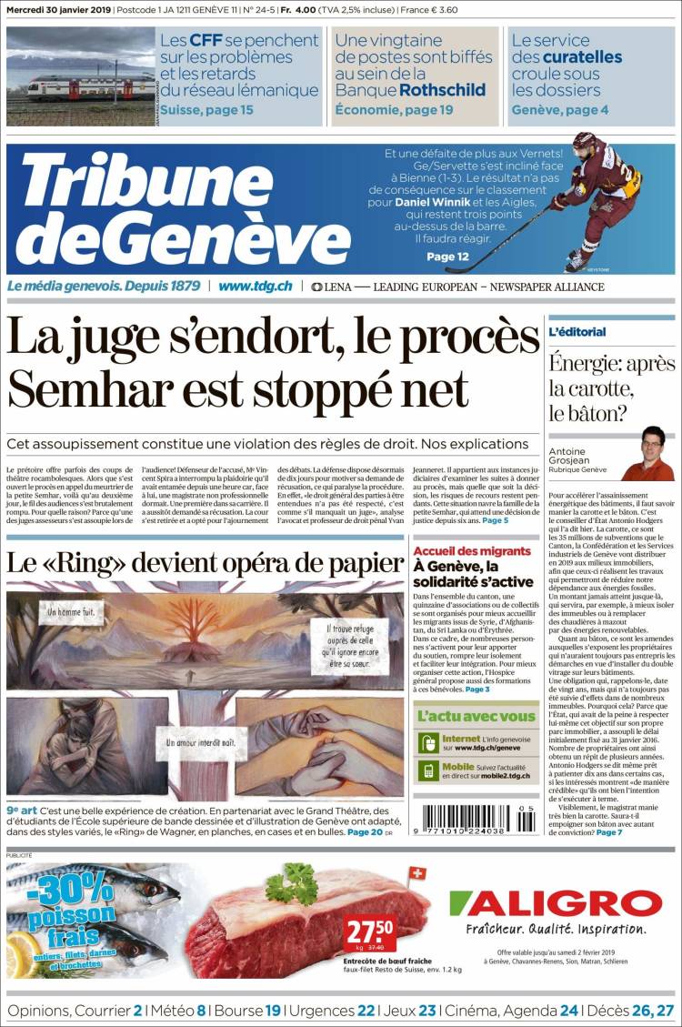 Portada de La Tribune de Genève (Suiza)