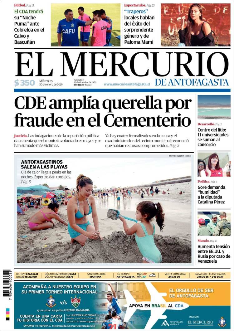 Portada de El Mercurio de Antofagasta (Chile)