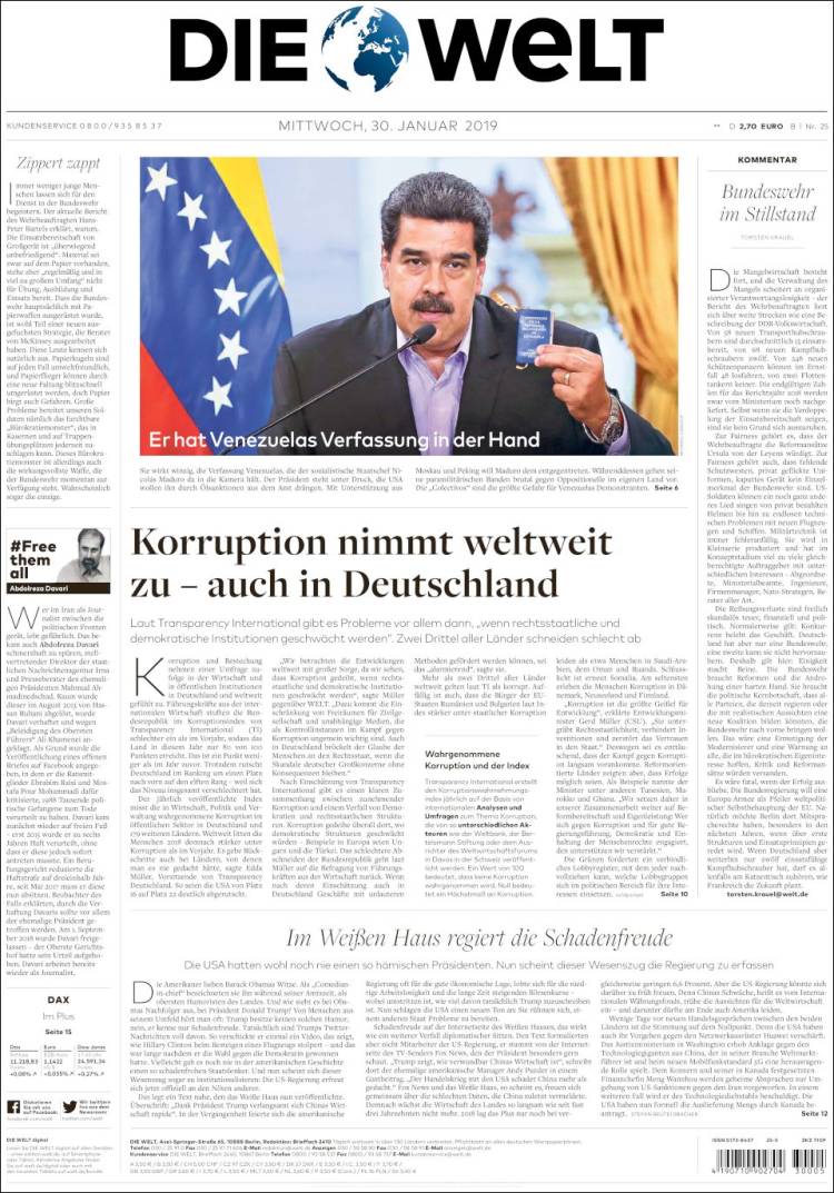 Portada de Die Welt (Alemania)