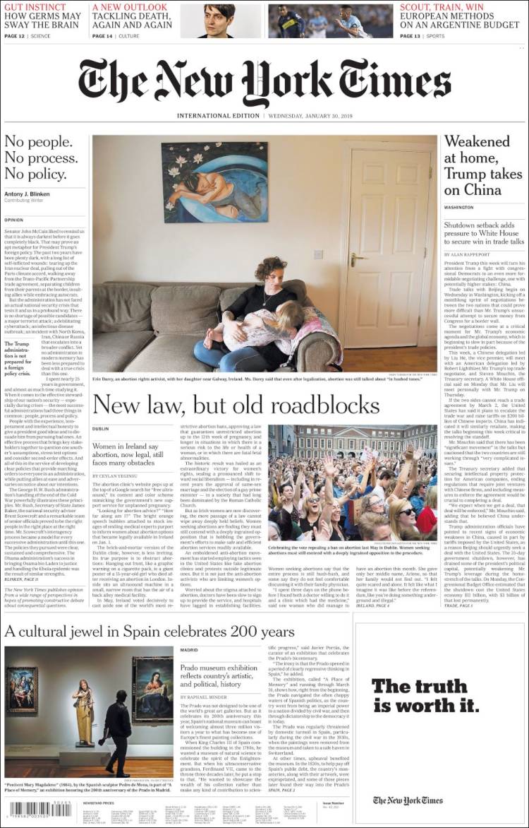 Portada de International New York Times (Europa)