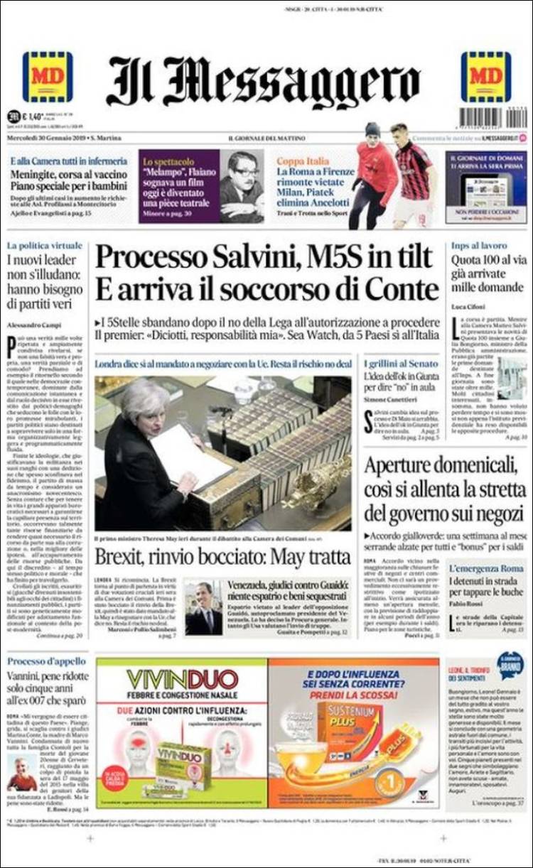 Portada de Il Messaggero (Italia)