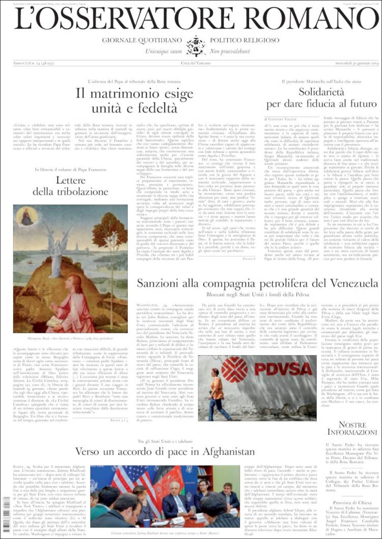 Portada de L'Osservatore Romano (Italia)
