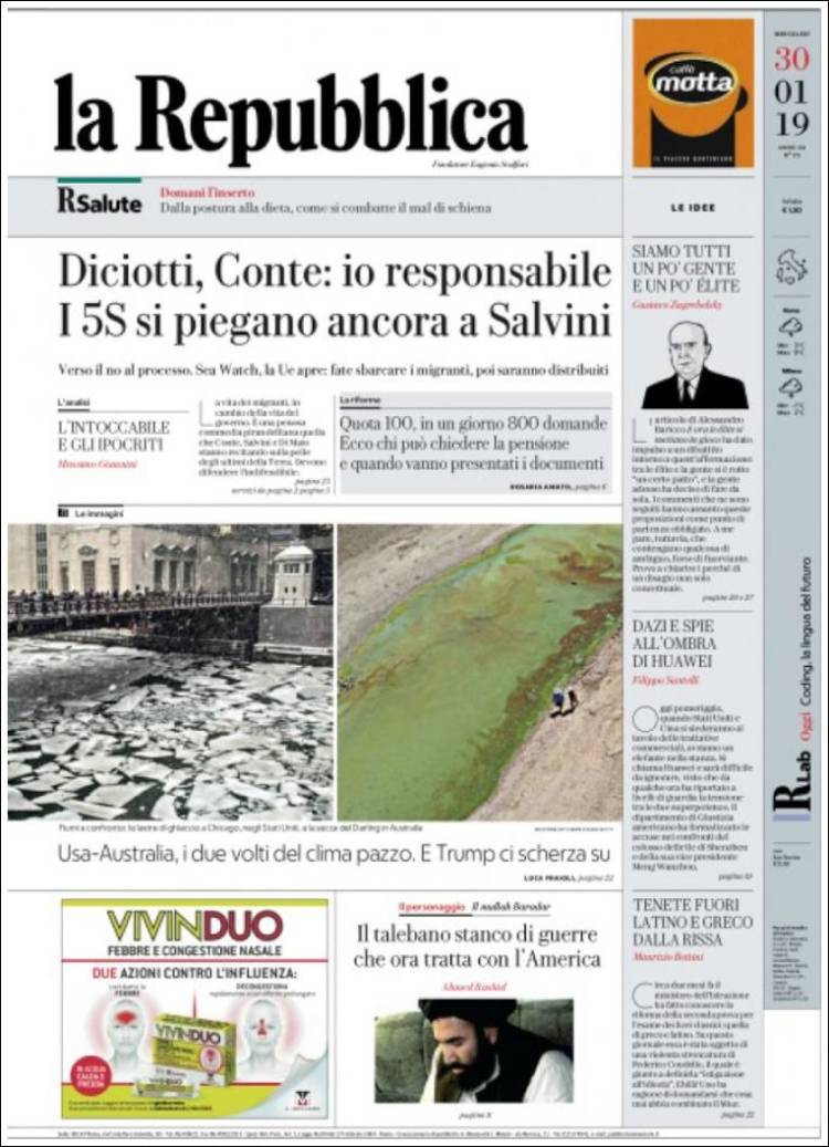 Portada de La Repubblica (Italia)