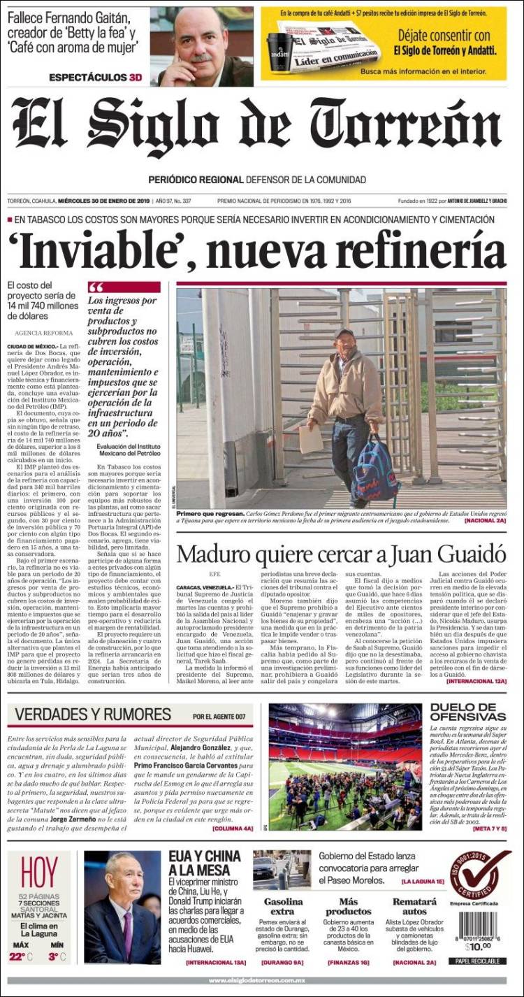 Portada de El Siglo de Torreon (M&eacute;xico)