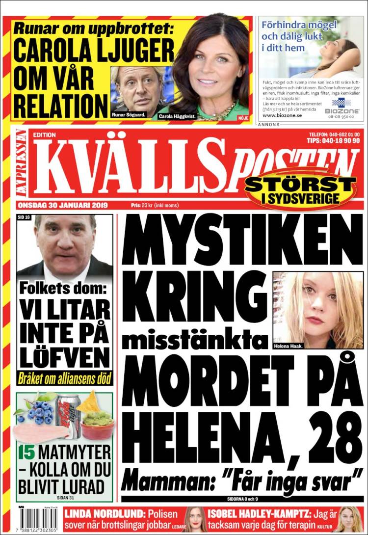 Portada de Kvällsposten (Suecia)