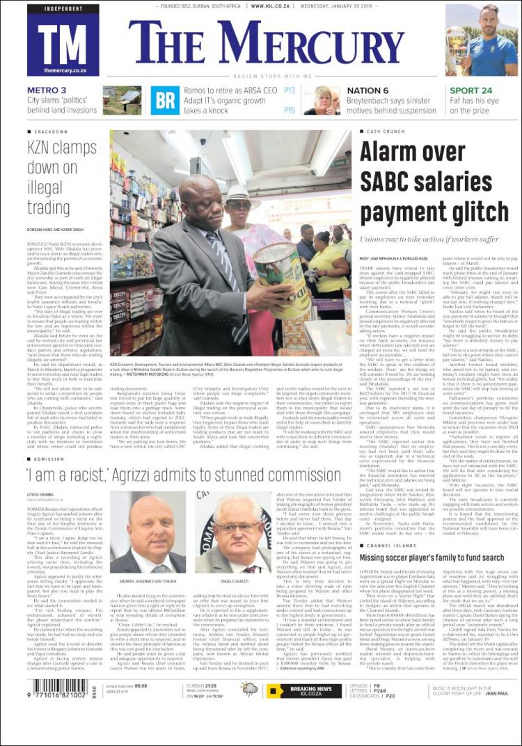 Portada de The Mercury (Sud&aacute;frica)