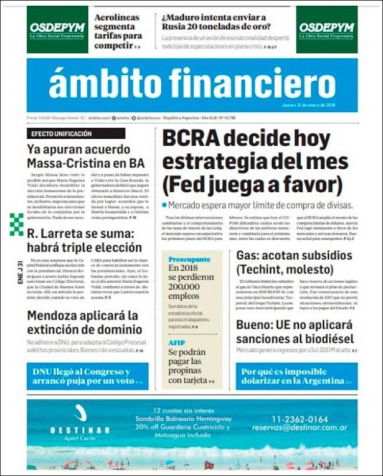 Portada de Diario Ambito Financiero (Argentina)