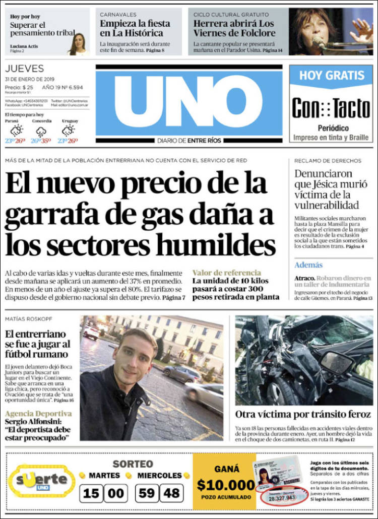 Portada de Diario Uno de Entre Ríos (Argentina)