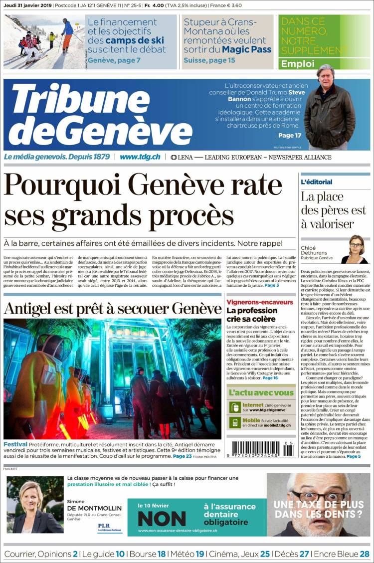 Portada de La Tribune de Genève (Suiza)