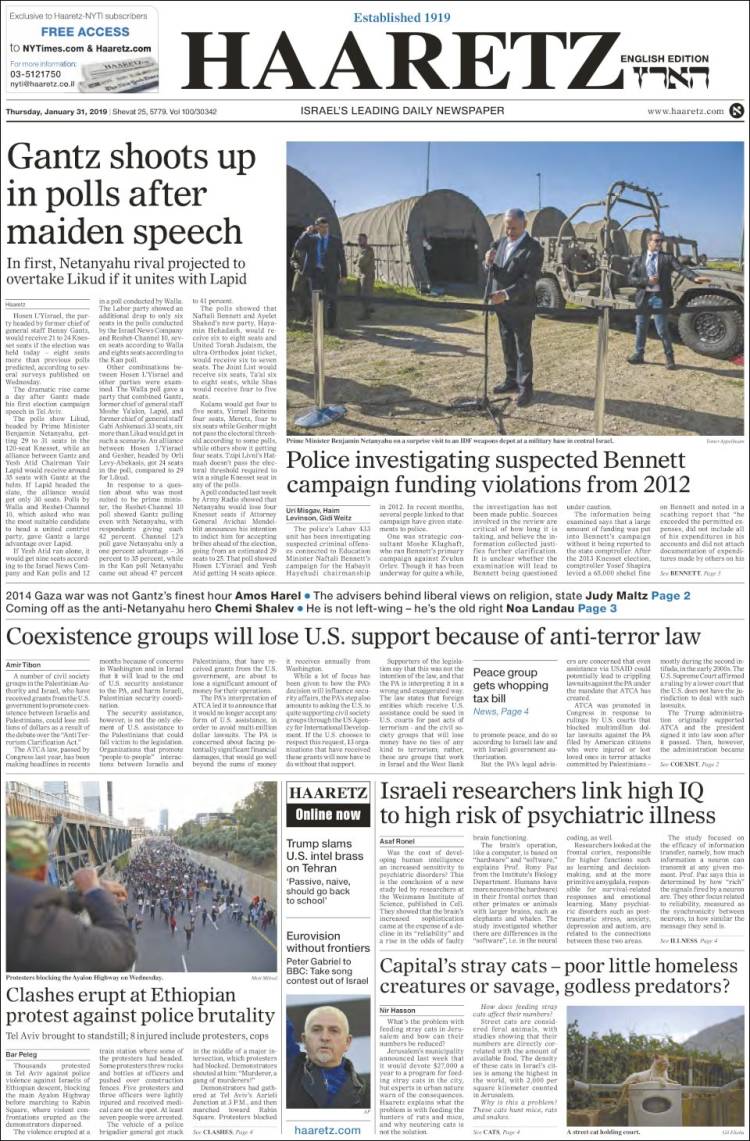 Portada de Haaretz (Israel)