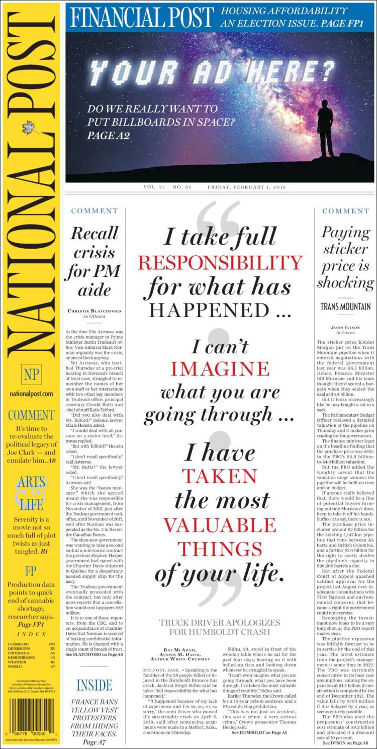 Portada de The National Post (Canadá)