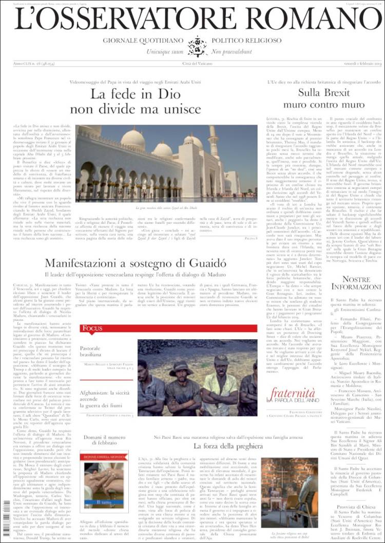 Portada de L'Osservatore Romano (Italie)