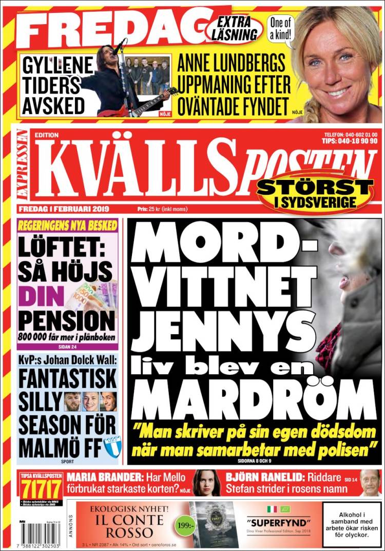 Portada de Kvällsposten (Su&egrave;de)