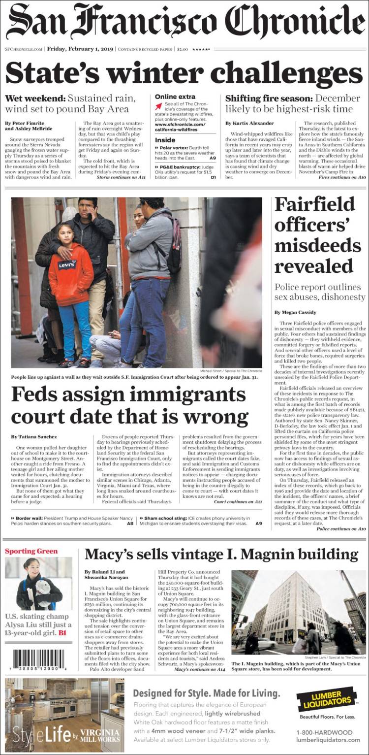 Portada de San Francisco Chronicle (USA)